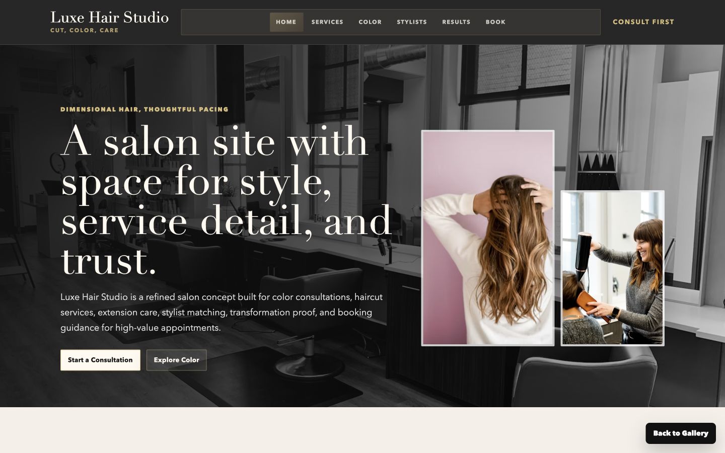 Luxe Hair Studio desktop homepage screenshot
