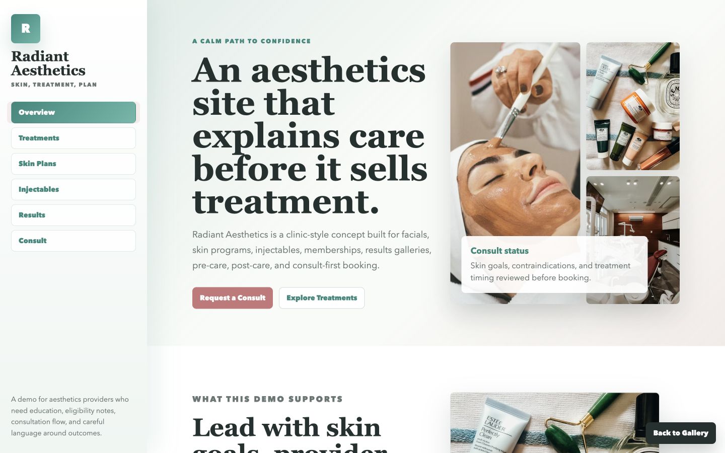 Radiant Aesthetics desktop homepage screenshot