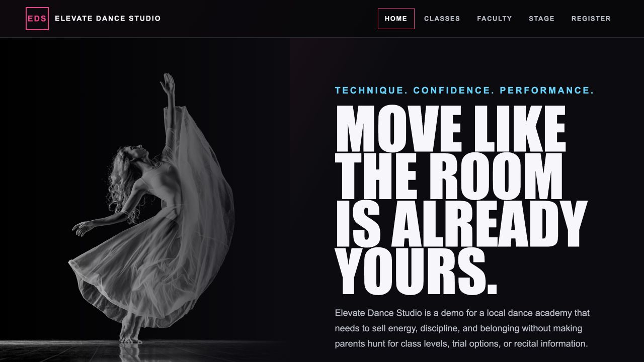Elevate Dance Studio desktop homepage screenshot