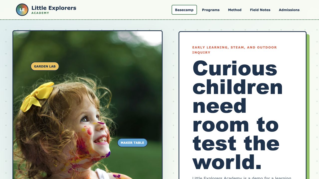 Little Explorers Academy desktop homepage screenshot