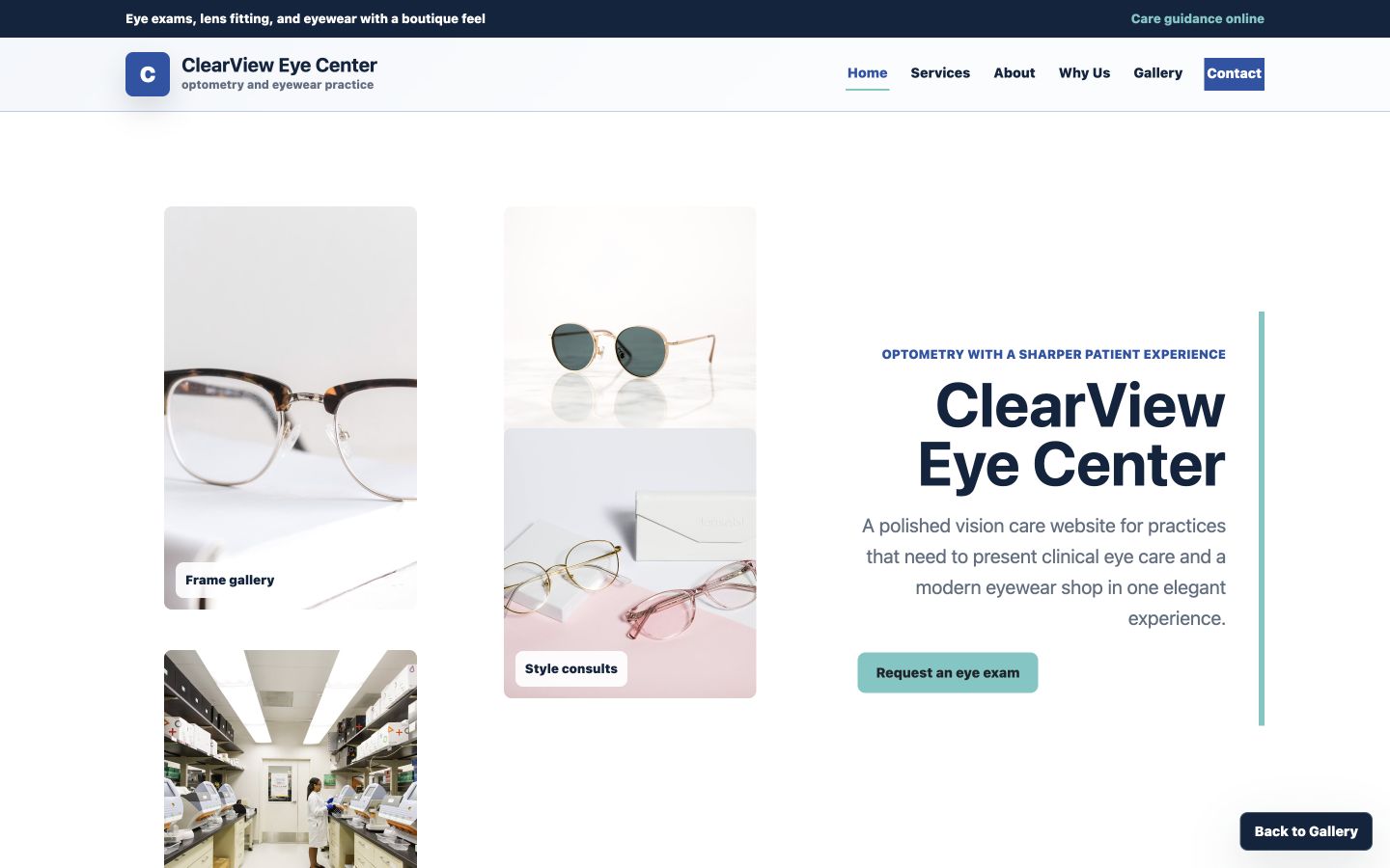 ClearView Eye Center desktop homepage screenshot