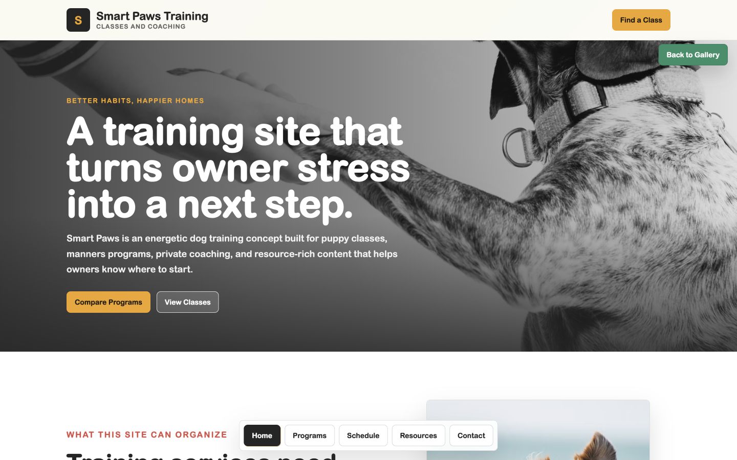 Smart Paws Training desktop homepage screenshot