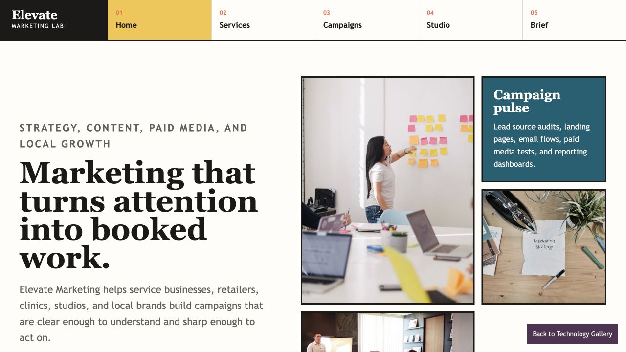 Elevate Marketing desktop homepage screenshot